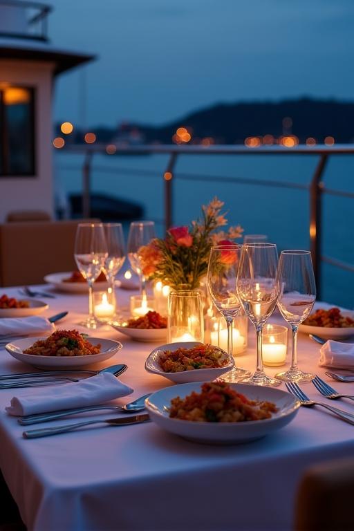 Tavola elegantemente apparecchiata per una cena a bordo.