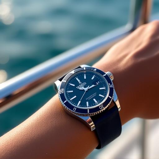 Dettaglio di un orologio di lusso su un polso abbronzato a bordo di uno yacht.