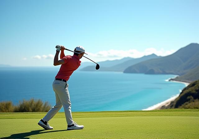 Giocatore di golf che esegue uno swing con vista sul mare.