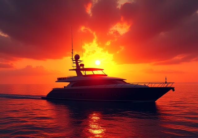 Silhouette di uno yacht al tramonto.